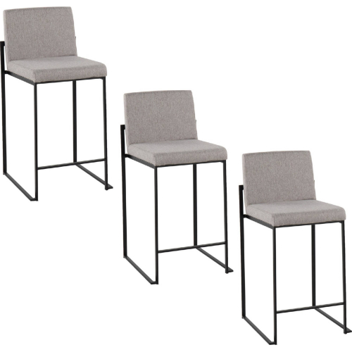 Fuji 26" High Back Counter Stool in Black Steel & Grey Fabric (Set of 3)